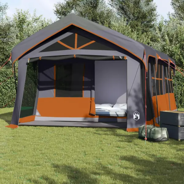 Spacious Grey and Orange Waterproof Camping Tent with Windows for 10 People Outdoor Family Shelter