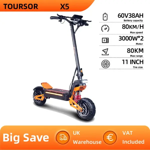 TOURSOR X5 adult electric scooter 3000W*2 motor 60V 38AH Folding electric scooter 11-inch tires Urban road electric scooter