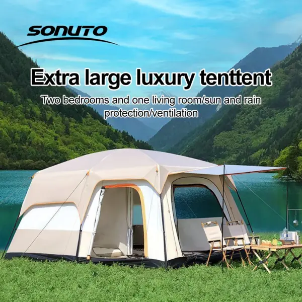 10 Person Camping Tent, Waterproof Windproof Sun Protection, 210D Oxford Fabric, 3 Season, Lightweight, 2 Room 1 Living Room