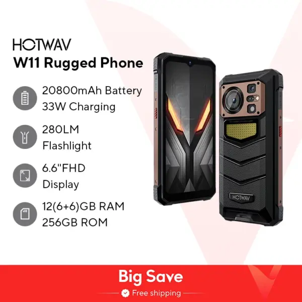 [World Premeire] HOTWAV W11 Rugged Phone 20800mAh 280LM Flashlight 6.6'' FHD+ Smartphone 33W 24MP Night Vision Mobile Phone