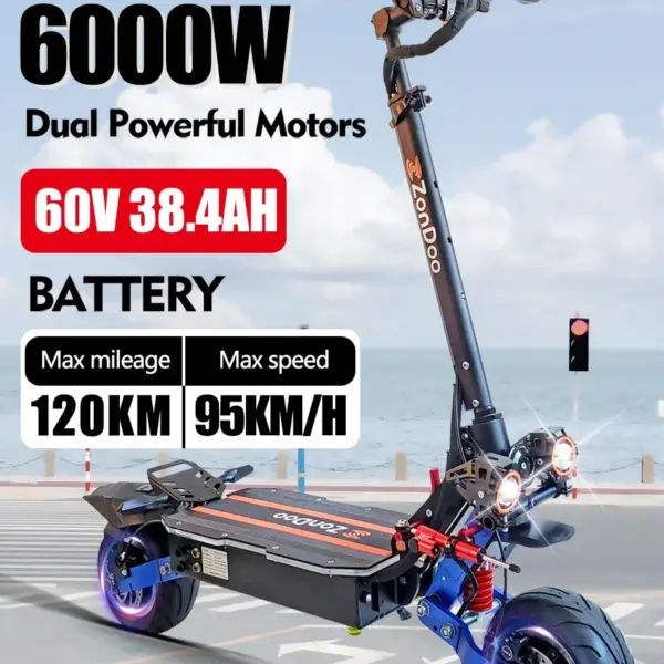 6000W 60V 38.4AH EU New Electric Scooter Max Speed 95km/h Range 120km 11’ Road Tyres Hydraulic Brake Foldable Electric Scooter