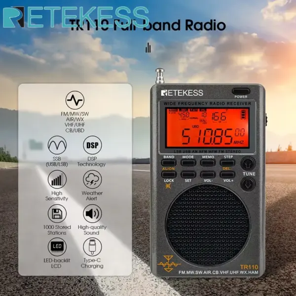 RETEKESS TR110 Fullband Radio SSB Shortwave Radios AM FM All Waves CB AIR Band Ham Radio NOAA SW MW LSB VHF UHF for Outdoor