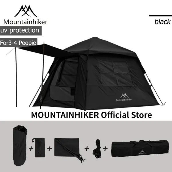 MOUNTAINHIKER Automatic Tent, Size 3-4 Persons, 2 Doors, 2 Windows, Sleeping Tent, Outdoor Tent, Hiking and Camping Tent Black
