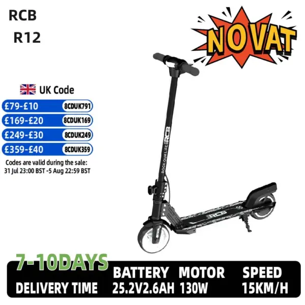 RCB R12 Electric Scooter Foldable Adult Urban Commuting 6.5” Tires Children's E-Scooter 130W Motor 25.2V 2.6 AH EScooter