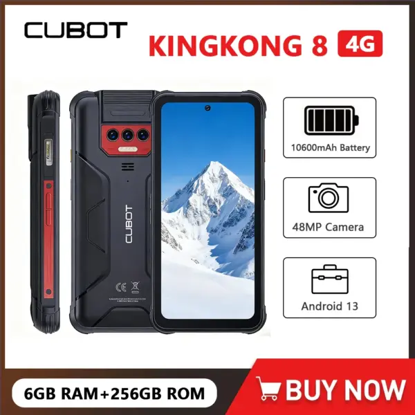Cubot KingKong 8 Rugged 4G Smartphone Android 13 Octa Core 6GB+256GB 6.528Inch FHD Mobile Phone 10600mAh Battery 48MP Camera NFC