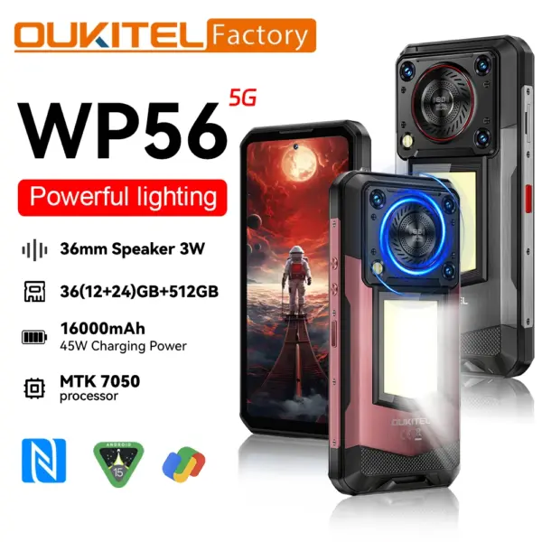 2025 Oukitel WP56 Rugged Smartphone 5G 6.78"FHD+ 108MP Camera 120Hz Cell Phone 12GB+512GB Telephone Portable 16000mAh Android 15