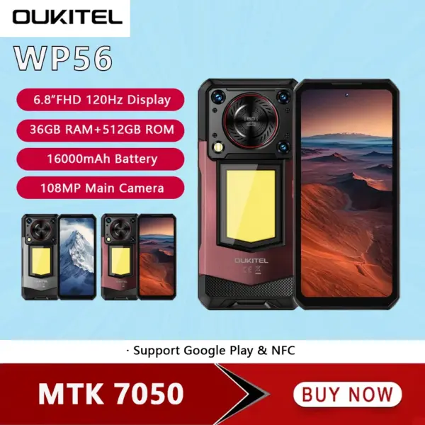 OUKITEL WP56 Rugged Smartphone Android 15 MTK7050 6.8Inch FHD 120Hz 6GB RAM+512GB ROM Mobile Phone 108MP Camera 45W 5G Cellphone