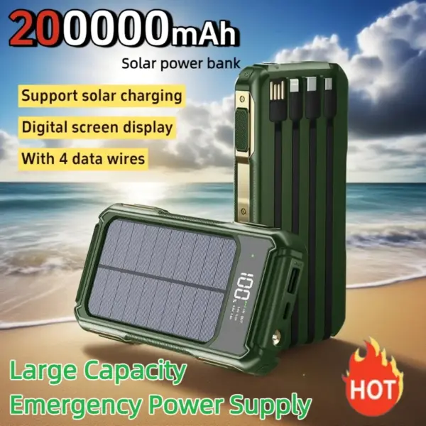 200000mAh 4 in 1 Built in Cables Solar Emergency Power Bank Large Capacity Intelligent Digital Display Power Supply for iPhone