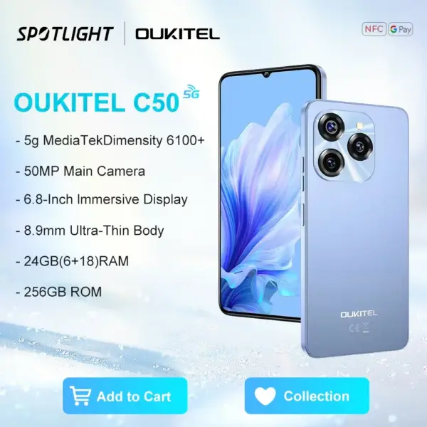 Oukitel C50 5G Smartphone 5150mAh 24GB+128GB 6.8“ HD+Water drop screen Mobile Phone 50 MP Cell Phone