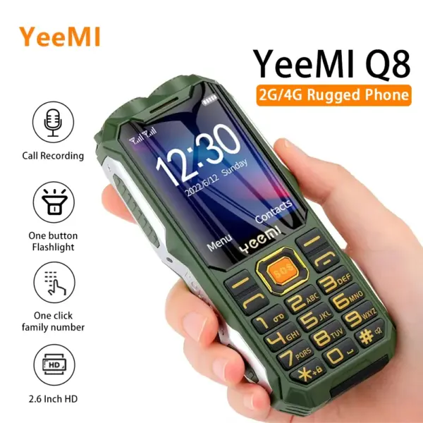 YeeMI Q8 2G/4G Rugged Phone Waterproof Feature Phones 2.6" HD LED Light 16800mAh Battery Big Loudspeaker Cellphone For Older SOS
