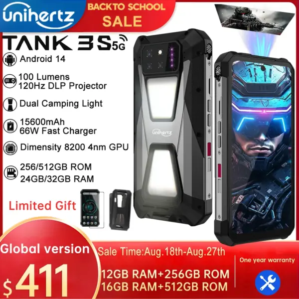 Unihertz tank 3s 8849 powered phone with projector 24/32GB 256/512GB Dimension 8200 cellphone 15600mAh 66W smartphones