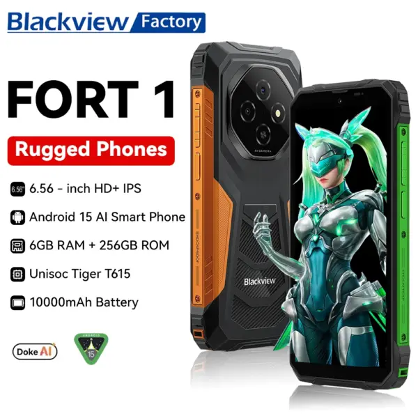 Blackview FORT 1 Rugged Phones 6.65" 6GB RAM 256GB+2TB ROM Smartphones Android 15 Unisoc Tiger T615 10000mAh Telephone Portable
