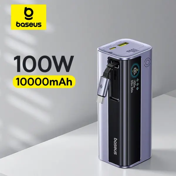 Baseus 100W 10000mAh Power Bank Built-in Retractable USB-C Cable Portable PD External Battery Power Bank for Samsung iPad iPhone
