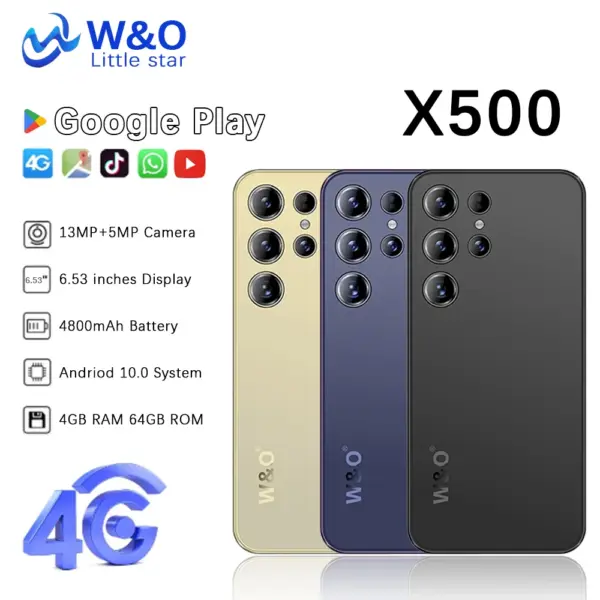 W&O X500 4G Smartphone Android 4GB RAM+64GB ROM Mobile phone 6.53 Inch Dual SIM 4800mAh Battrey 5+13MP Camera Cell Phone On Sale