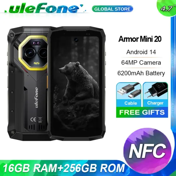 Ulefone Armor Mini 20 4G 4.7" Rugged Phone 64MP Night Camera Android 14 Smartphone 6200mAh Mobile phone NFC 16GB+256GB 33W G99