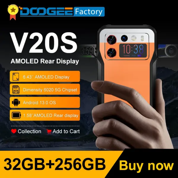 DOOGEE V20S 5G Rugged Smartphone 12GB 256GB Dimensity 6020 Octa Core Mobile Phone 1.58" AMOLED Rear Display With Kickstand Phone