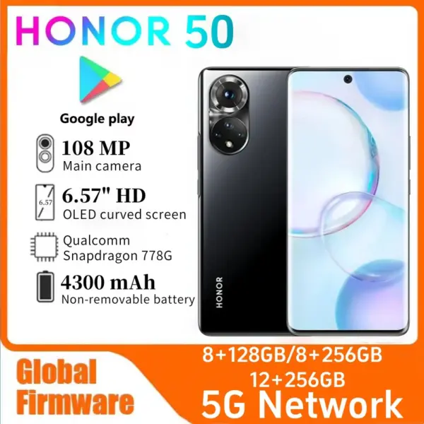 HONOR 50 Smartphone Global firmware 4300mAH 8GB RAM 256GB ROM 6.57 Inch Phone 2340x1080HD 32+108MP 5G Network Used mobile phones