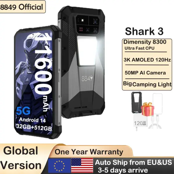 8849 SHARK 3 by Unihertz Rugged Smartphone Android 14 32GB 512GB Dimensity 8300 3K AMOLED Screen 11600mAh Night Camera 5G Phone