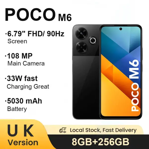 UK Version POCO M6 Smartphone 256GB MediaTek Helio G91 Ultra 108MP Pro-Grade Main Camera 5030mAh Battery 33W Fast Charging