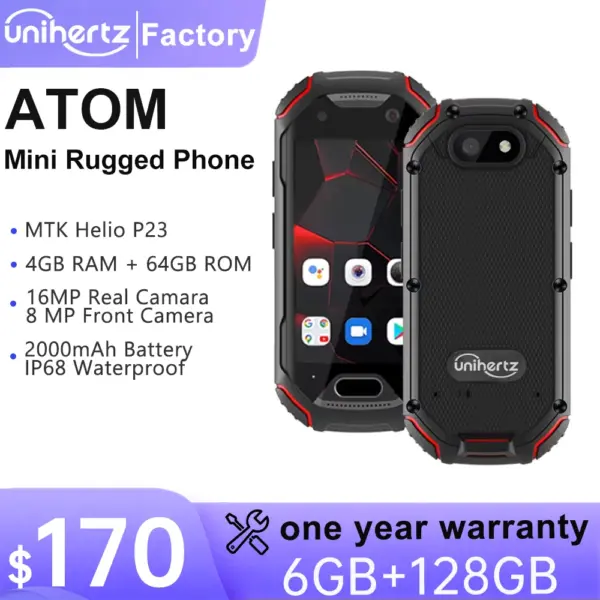 Unihertz Atom Small Rugged Smartphone, 4GB, 64GB Cellphone, P23, 16MP, 4G, 2000mAh Battery, 2.45 "Mobile Phone for Spare Phone
