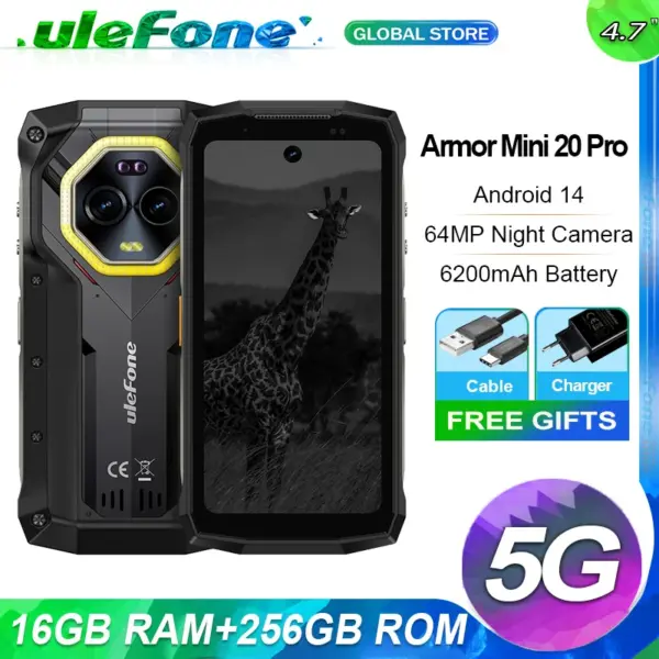 Ulefone Armor Mini 20 Pro,16GB(8+8) 256GB,5G Rugged,6200mAh,Android 14,33W Charge,64MP Night Camera LED Light,Global Version