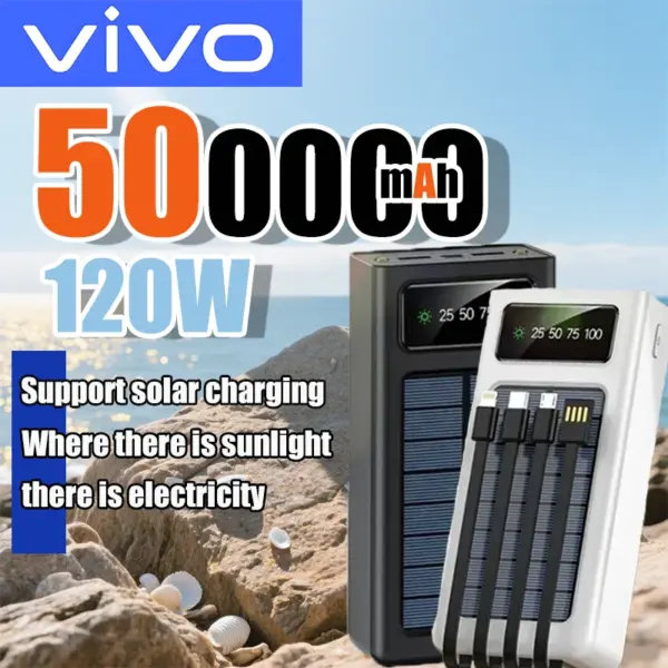 VIVO Solar Power Bank 500000mAh Large Capacity Mobile Power Fast Charging Battery With Dual USB 4 Cables For iPhone Samsung 2025