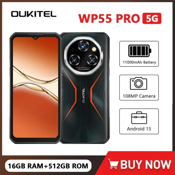 Oukitel WP55 Pro 5G Rugged Smartphone Android 15 48GB(16+32) +512GB 11000mAh Battery 33W 108MP 6.6 Inch FHD+ Cell Phone