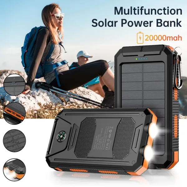 Orange Solar Power Bank 20000mAh Charging Portable Charger Phone External Battery with SOS Flashlight 2-USB Outdoor Power Bank