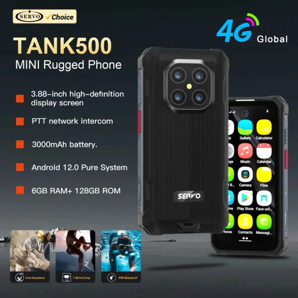 SERVO TANK500 Android Mini Rugged Smartphone 3.88" Display 6GB+128GB 13MP Camera 3000mAh PTT Dual SIM 4G Waterproof Smart Phones