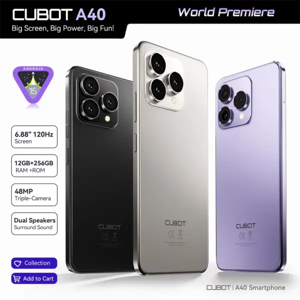 Cubot Smartphone Android 15 A40, 12GB RAM+256GB ROM, 6.88-Inch 120Hz Screen,Octa-core, 48MP Camera, 5100mAh Battery,NFC,Face ID