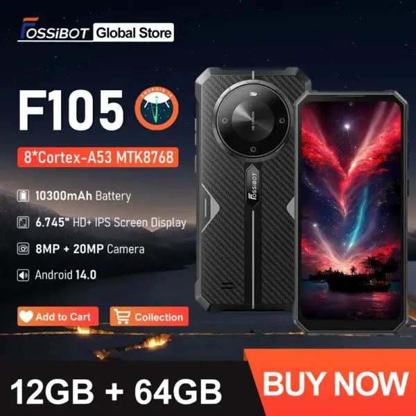 FOSSiBOT F105 Rugged Smartphone 10300mAh Android 14 OS 12+64GB Mobile Phone 20 MP Camera 6.745" HD+ IPS Phone
