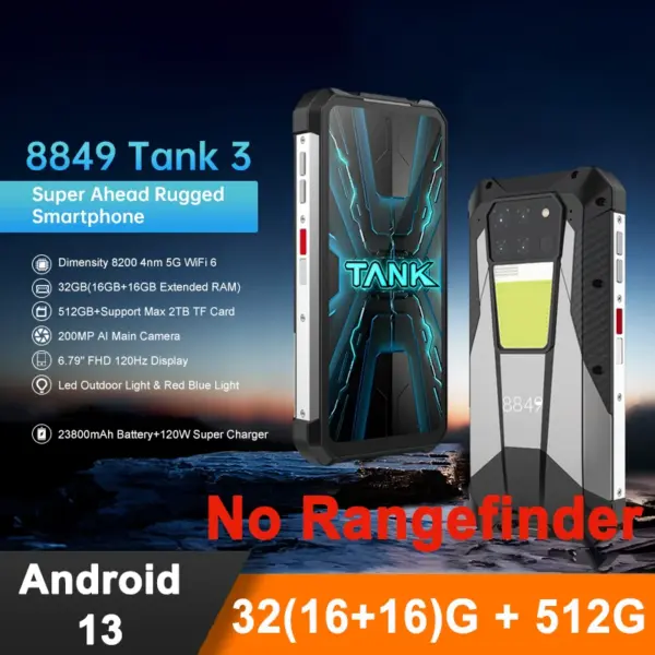 8849 Unihertz Tank 3 Rugged Phone 32GB+512GB 200MP Camera Night Version 23800mAh 6.79" Android 13 Dimensity 8200 5G Smartphone
