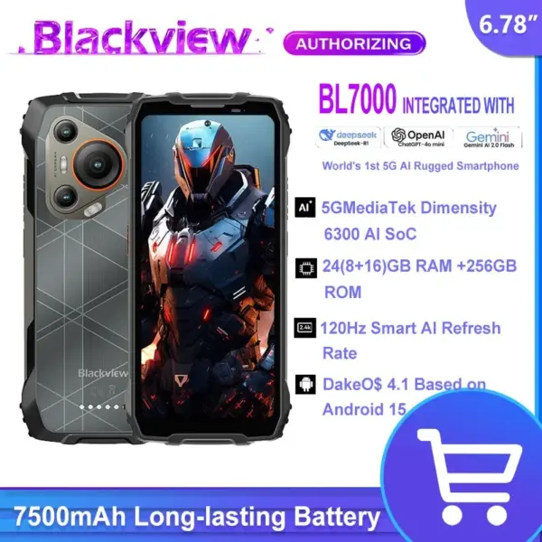 BLACKVIEW BL7000 5G AI Rugged Smartphone MTK 6300, 6.78" HD+2.4K Display 120Hz, 24(8+16)GB 256GB, 7500Amh Cerllphone Android 15