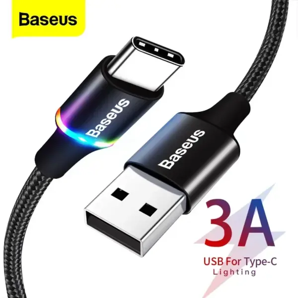 Baseus LED USB Type C Cable For Huawei Xiaomi 13 Redmi POCO Fast Charging Wire Cord USB-C Charger Mobile Phone USBC Type-C Cable
