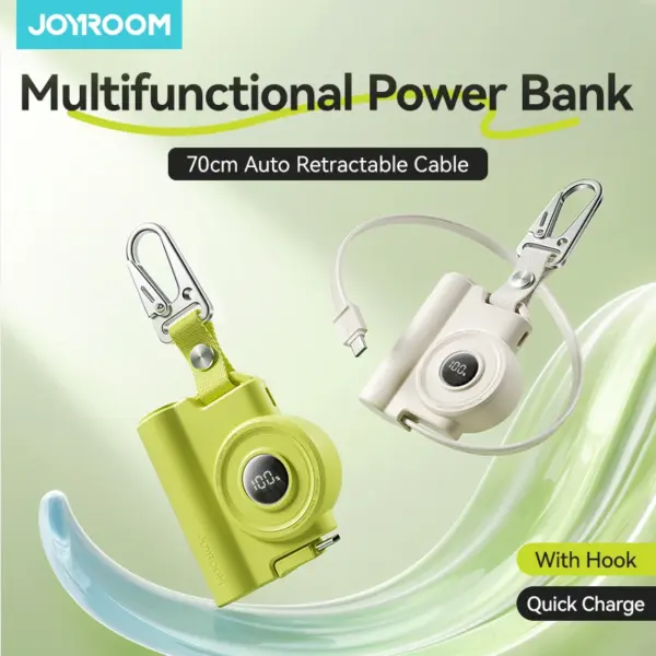 Joyroom 5000mAh Power Bank 22.5W Digital Display Powerbank With 70cm Retractable Type C Cable For iPhone Samsung Fast Charging