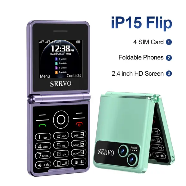 SERVO iP15 Flip 2G GSM Foldable Mobile Phone Call Recording 4 SIM Card 2.4 inch Speed Dial Blacklist FM Radio Fold Feature Phone
