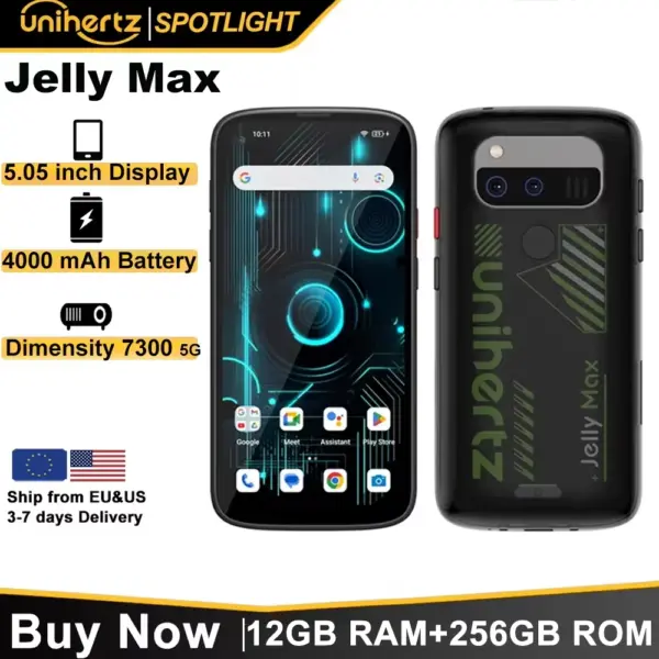 Unihertz Jelly Max 5G Mini Smartphone Android 14 Dimensity 7300 CPU 12GB 256GB 100MP Camera 4000 mAh Battery 5.05" inch Screen