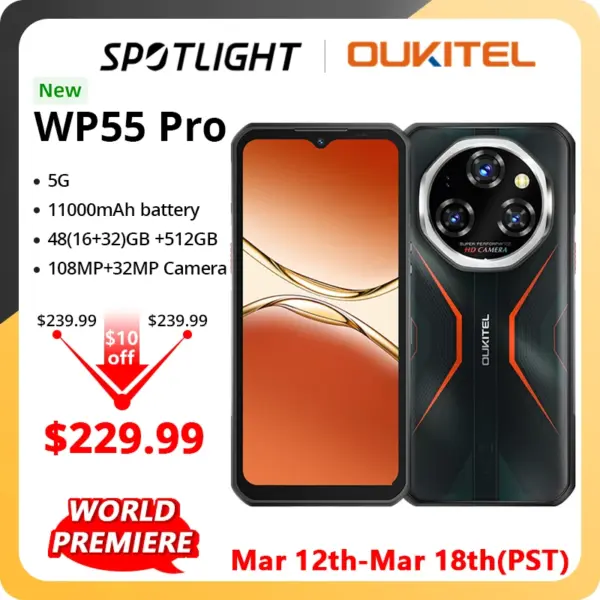 【World premier】Oukitel WP55 Pro 5G Rugged Smartphone 48GB(16+32) +512GB 11000mAh 33W 108MP 6.6" FHD+ Cell Phone