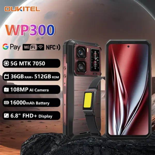 Oukitel WP300 Rugged Phone 16000mAh 36GB（12+24）GB+512GB detachable Earbud/camping Light 6.78" FHD 120Hz 108MP Cell phone