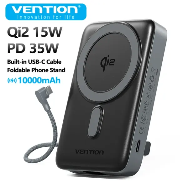 Vention New 35W Qi2 Magnetic Power Bank 10000mAh 15W Wireless Fast Charger Portable External Spare Battery for iPhone 16, 15, 14