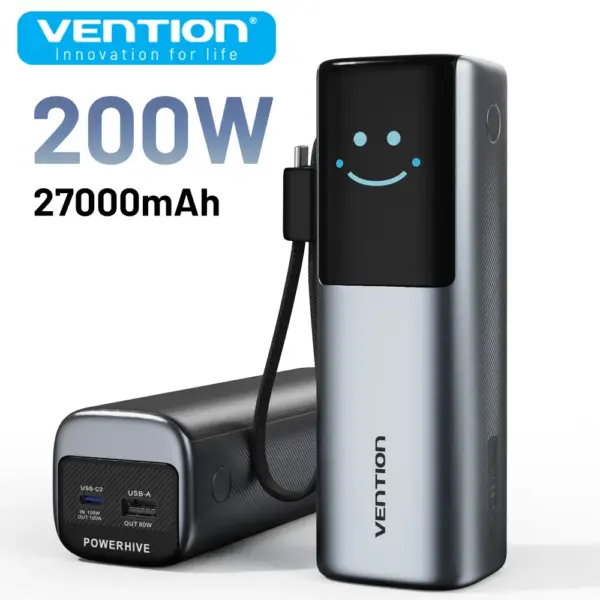 Vention Power Bank 27000mAh 200W PD Fast Charger with Built-in USB-C Cable External Spare Battery Portable Power Bank for Laptop