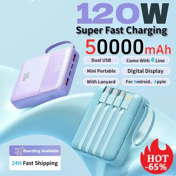 Mini Powerbank 50000mAh 120W Power Pack comes with Four Data Cables for ultra Fast Charging Suitable for iPhone, Samsung Huawei