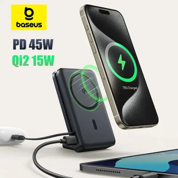 Baseus Nomos 45W 3-in-1 Power Bank 10000mah Qi2 Magnetic Wireless Charging Powerbank with Phone Holder for iPhone 12-16 Pro Max