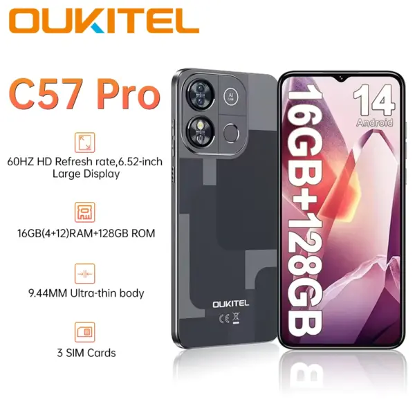 OUKITEL C57 Pro Smartphone 4G 6.52" GPS Double SIM Call Phone 16GB (4 + 12) RAM+128GB ROM 13MP 4300mAh Smartphones Android 14