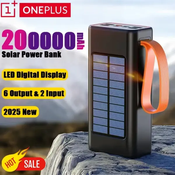 ONEPLUS 200000mAh Solar Power Bank Big capacity Built-in Cables External Battery LED Light Power Bank For iPhone Huawei Sumsung