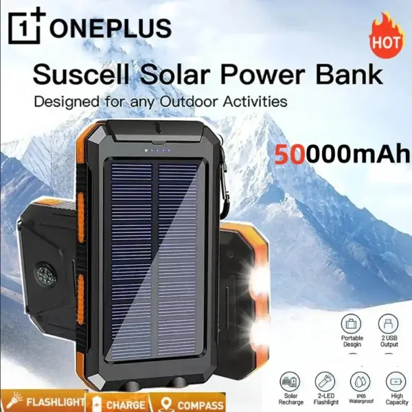 ONEPLUS 50000mAh Solar Power Bank Portable Charging Poverbank External Battery Charger Strong Light LDE Light for iphone Samsung