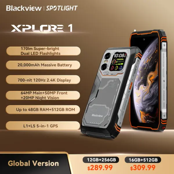 Blackview XPLORE 1 Outdoor Mobile Phone, 5G Waterproof Rugged Smartphone Android 15, 6.78'' 2.4K Display, 16GB+512GB, 20000mAh