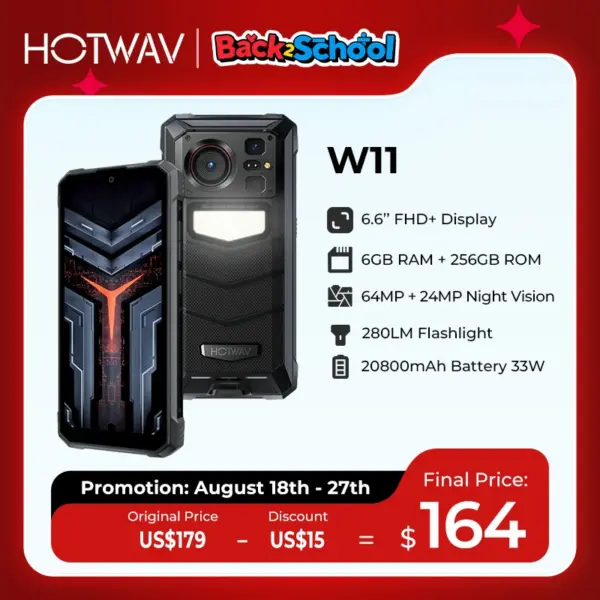 [World Premeire] HOTWAV W11 Rugged Phone 20800mAh 280LM Flashlight 6.6'' FHD+ Smartphone 33W 24MP Night Vision Mobile Phone