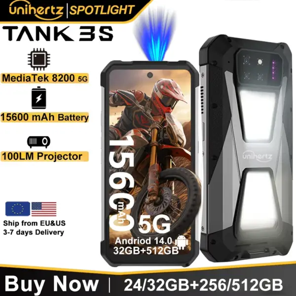Unihertz tank 3s 8849 powered smartphone with projector 24/32GB 256/512GB Dimension 8200 cellphone 15600mAh 66W phone