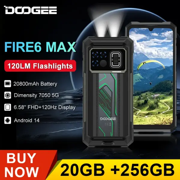 DOOGEE Fire 6 Max 5G Rugged Phone 20GB RAM 256GB ROM 6.72” Dual Flashlight 20800mAh Battery Cellphone Thermal Imaging